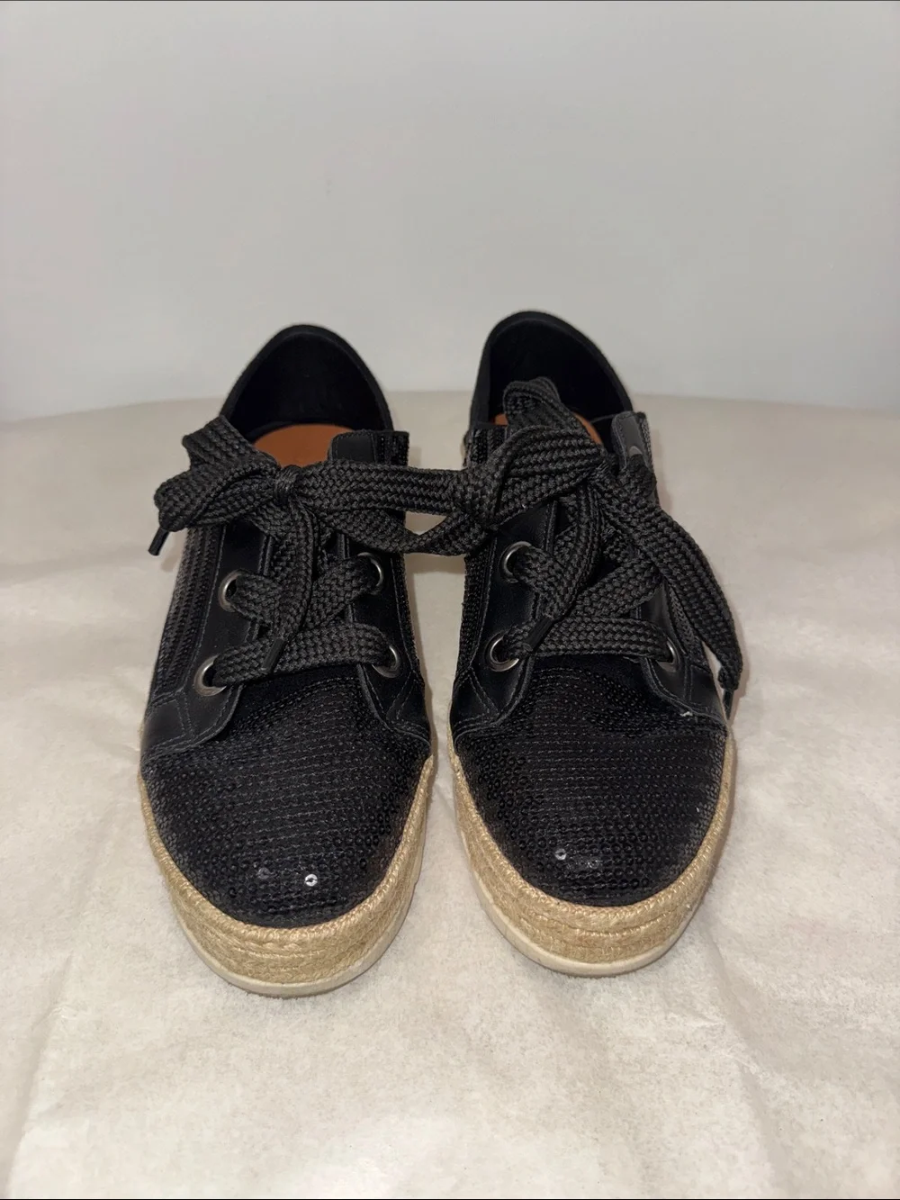 Black Sequin Espadrille Platform Lace-Up Sneakers